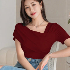 Istyle Can Women's Maroon Ruched Asymmetrical Stretch T-Shirt Istyle Can