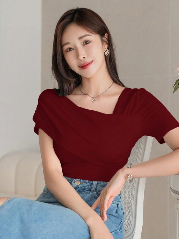 Istyle Can Women's Maroon Ruched Asymmetrical Stretch T-Shirt Istyle Can