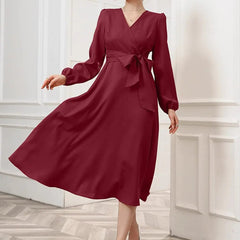 Maroon Belted Wrap Dress with Bishop Sleeves Surplice Neck High Waist & Flared Hem Midi Length