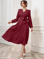 Maroon Belted Wrap Dress with Bishop Sleeves Surplice Neck High Waist & Flared Hem Midi Length