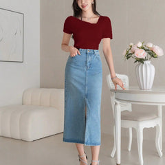 Istyle Can Women's Maroon Ruched Asymmetrical Stretch T-Shirt Istyle Can