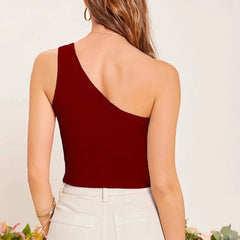 Maroon Solid Ribbed Sleeveless Single Shoulder Stretchable Slim Fit Crop Tank Top
