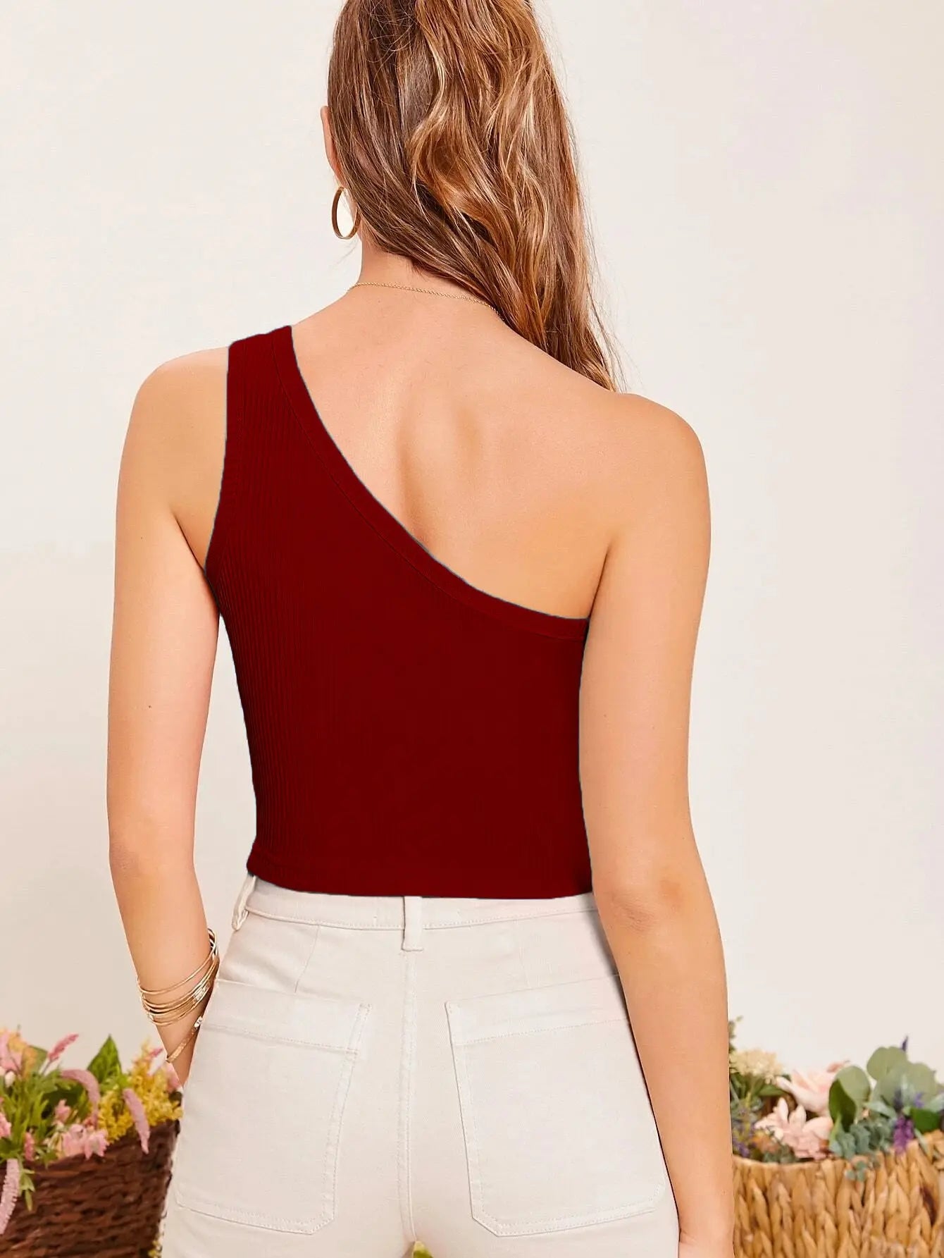 Maroon Solid Ribbed Sleeveless Single Shoulder Stretchable Slim Fit Crop Tank Top Secondary image