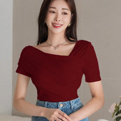 Istyle Can Women's Maroon Ruched Asymmetrical Stretch T-Shirt Istyle Can
