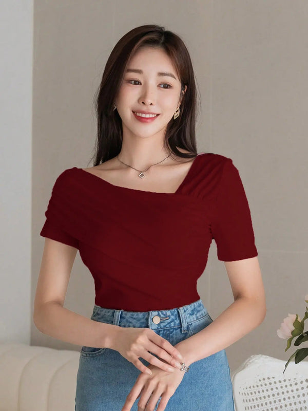 Istyle Can Women's Maroon Ruched Asymmetrical Stretch T-Shirt Istyle Can