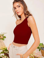 Maroon Solid Ribbed Sleeveless Single Shoulder Stretchable Slim Fit Crop Tank Top