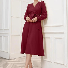 Maroon Belted Wrap Dress with Bishop Sleeves Surplice Neck High Waist & Flared Hem Midi Length