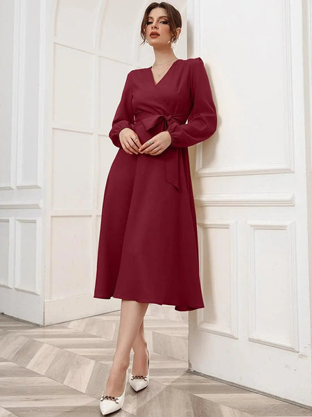 Maroon Belted Wrap Dress with Bishop Sleeves Surplice Neck High Waist & Flared Hem Midi Length