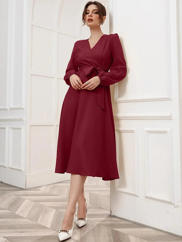 Maroon Belted Wrap Dress with Bishop Sleeves Surplice Neck High Waist & Flared Hem Midi Length