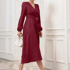 Maroon Belted Wrap Dress with Bishop Sleeves Surplice Neck High Waist & Flared Hem Midi Length