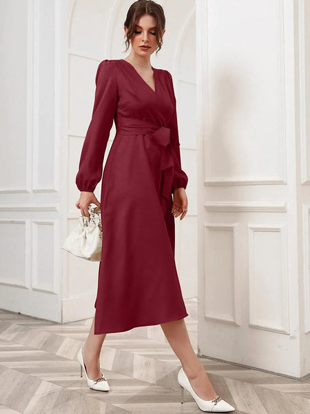 Maroon Belted Wrap Dress with Bishop Sleeves Surplice Neck High Waist & Flared Hem Midi Length