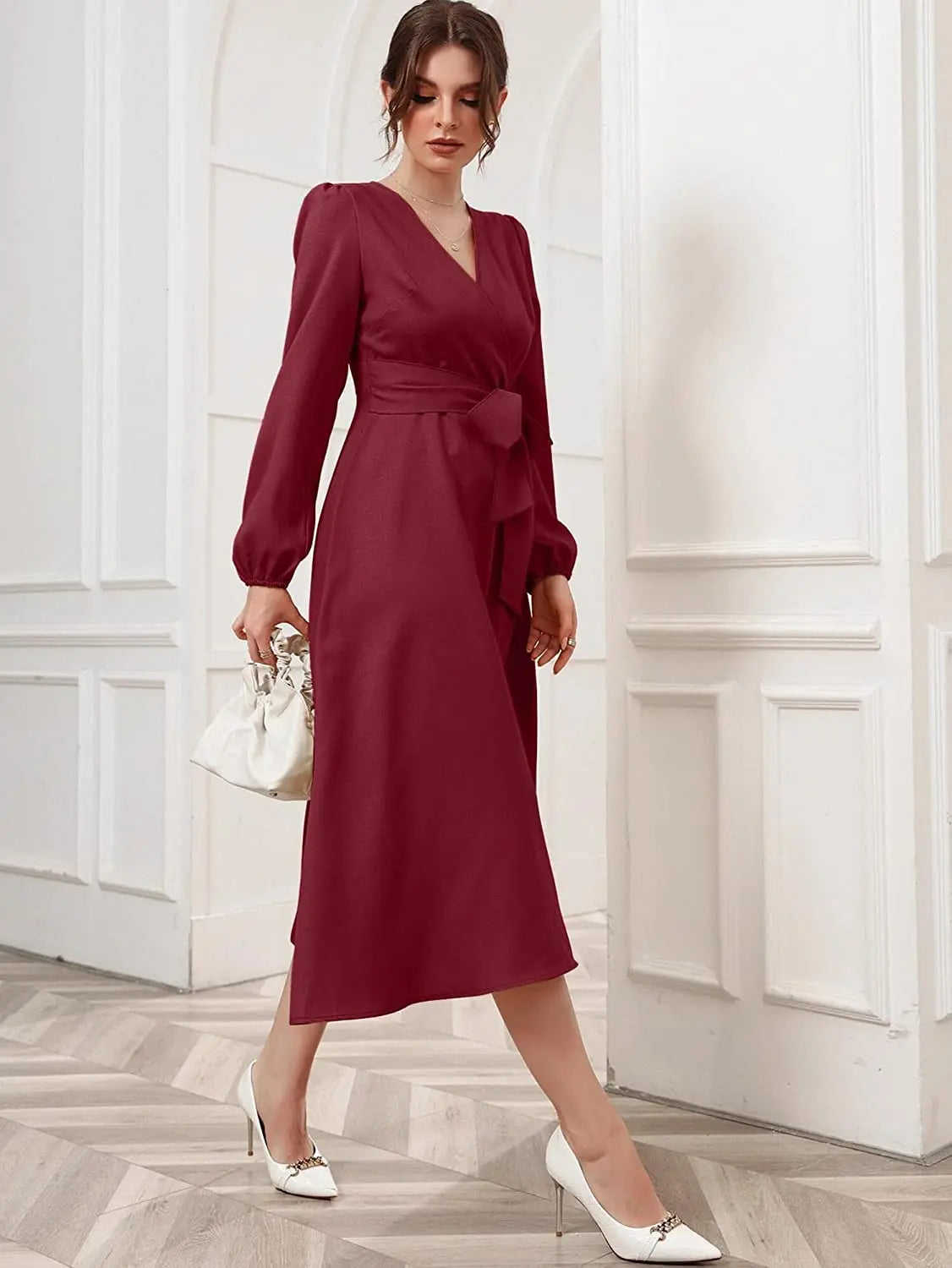 Maroon Belted Wrap Dress with Bishop Sleeves Surplice Neck High Waist & Flared Hem Midi Length
