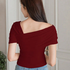 Istyle Can Women's Maroon Ruched Asymmetrical Stretch T-Shirt Istyle Can