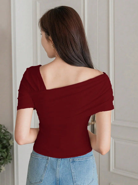 Istyle Can Women's Maroon Ruched Asymmetrical Stretch T-Shirt Istyle Can