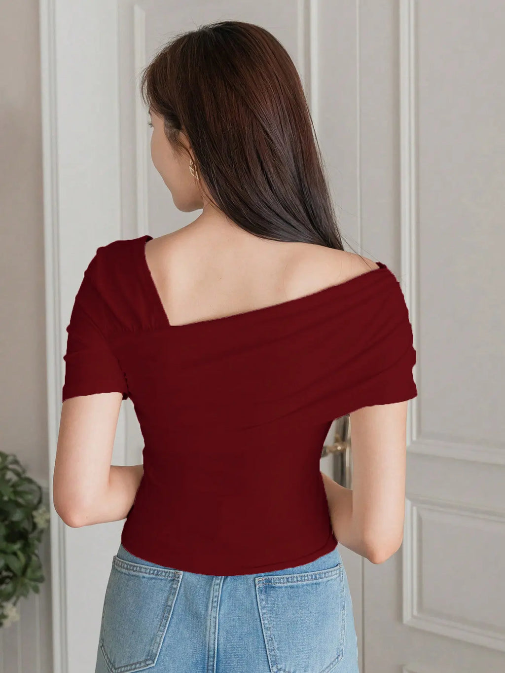 Istyle Can Women's Maroon Ruched Asymmetrical Stretch T-Shirt Istyle Can