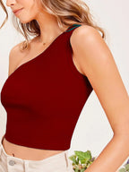 Maroon Solid Ribbed Sleeveless Single Shoulder Stretchable Slim Fit Crop Tank Top