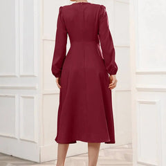 Maroon Belted Wrap Dress with Bishop Sleeves Surplice Neck High Waist & Flared Hem Midi Length