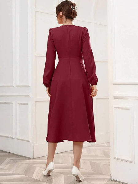 Maroon Belted Wrap Dress with Bishop Sleeves Surplice Neck High Waist & Flared Hem Midi Length
