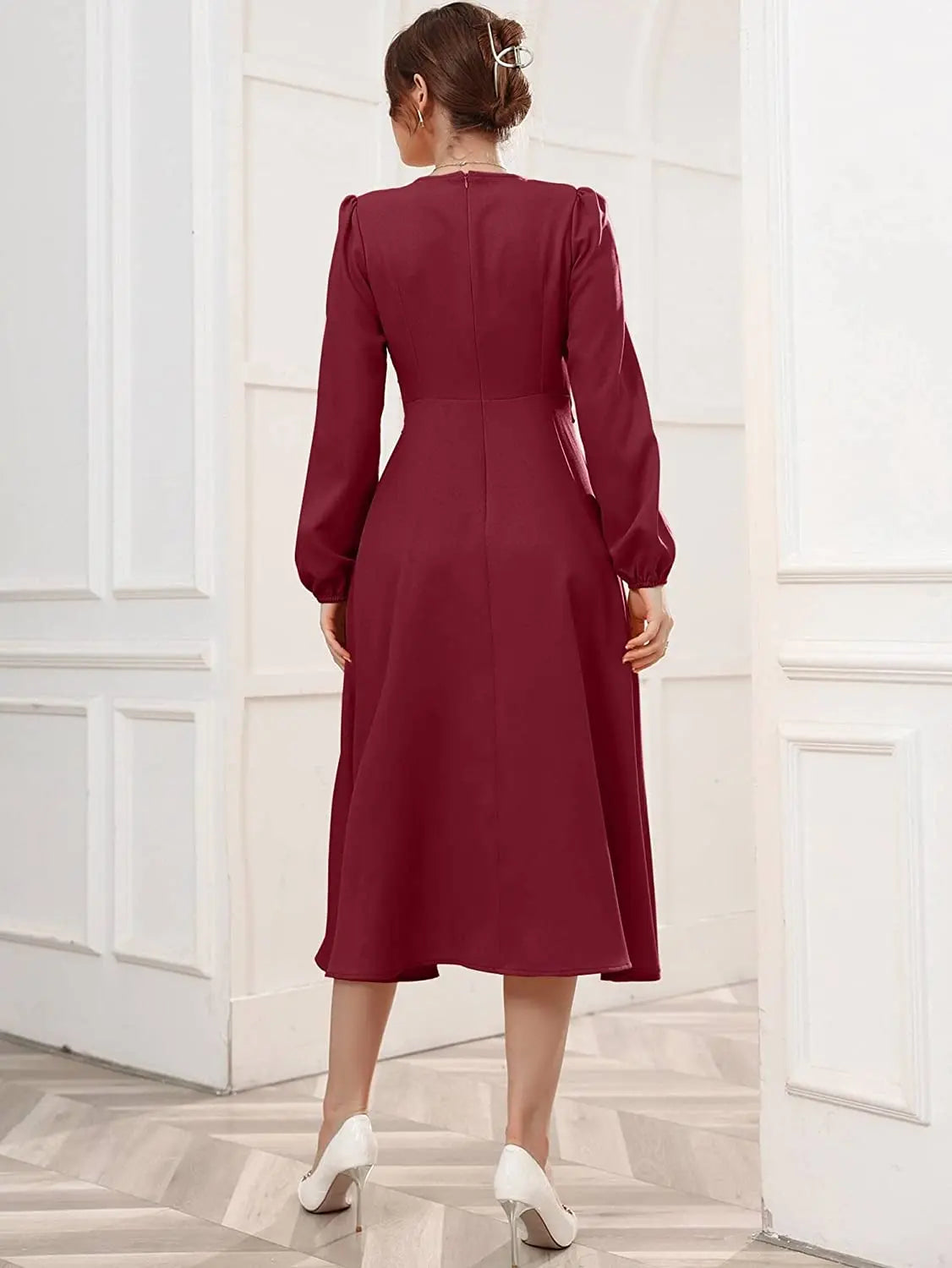 Maroon Belted Wrap Dress with Bishop Sleeves Surplice Neck High Waist & Flared Hem Midi Length