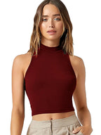 Women's & Girls Maroon Solid Mock Neck Rib/Knit Sleeveless Stretchable Slim Fit Crop Tank Top Istyle Can