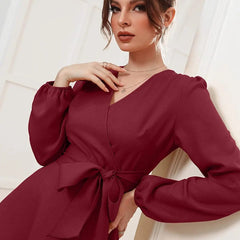 Maroon Belted Wrap Dress with Bishop Sleeves Surplice Neck High Waist & Flared Hem Midi Length