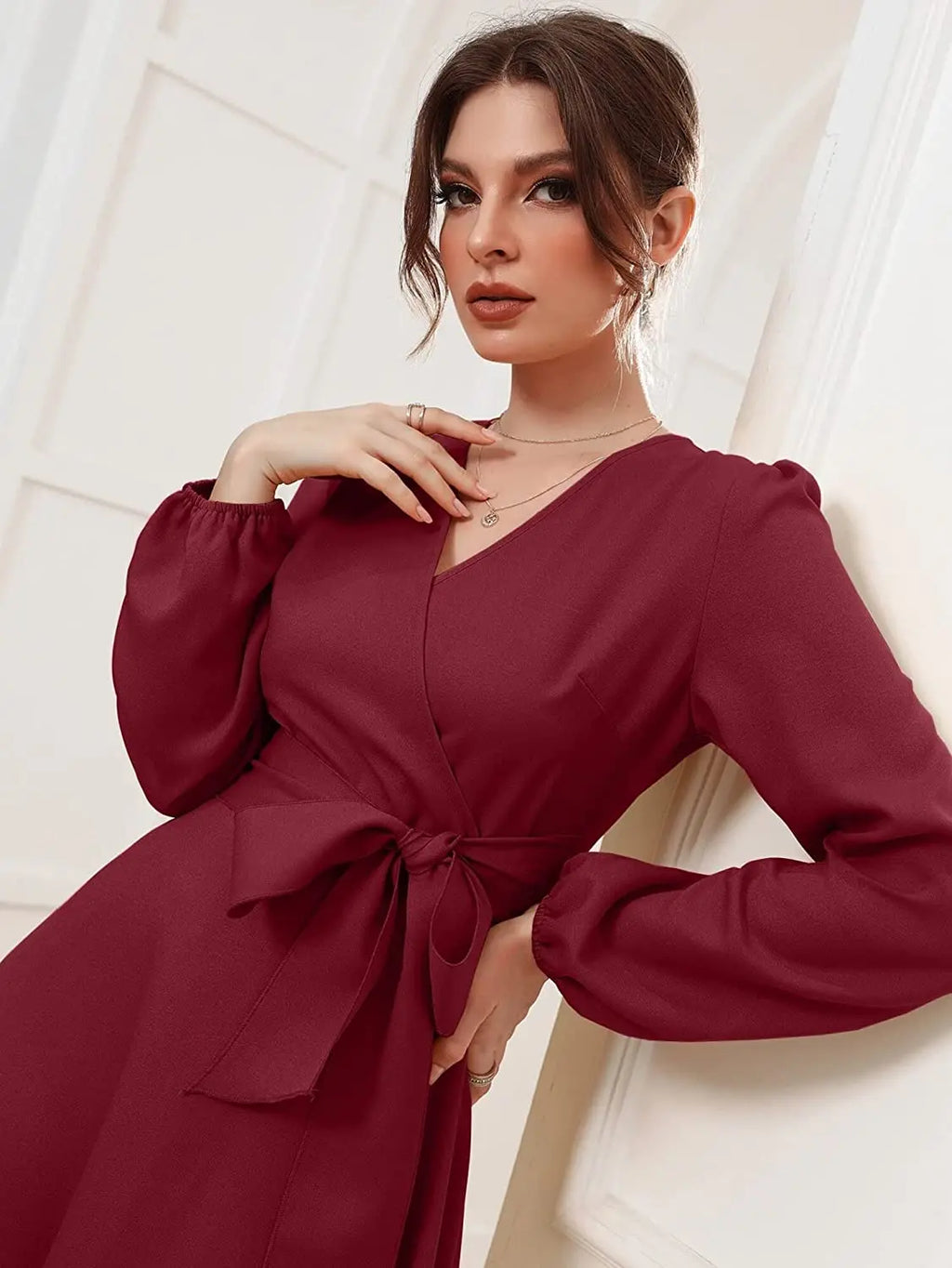 Maroon Belted Wrap Dress with Bishop Sleeves Surplice Neck High Waist & Flared Hem Midi Length