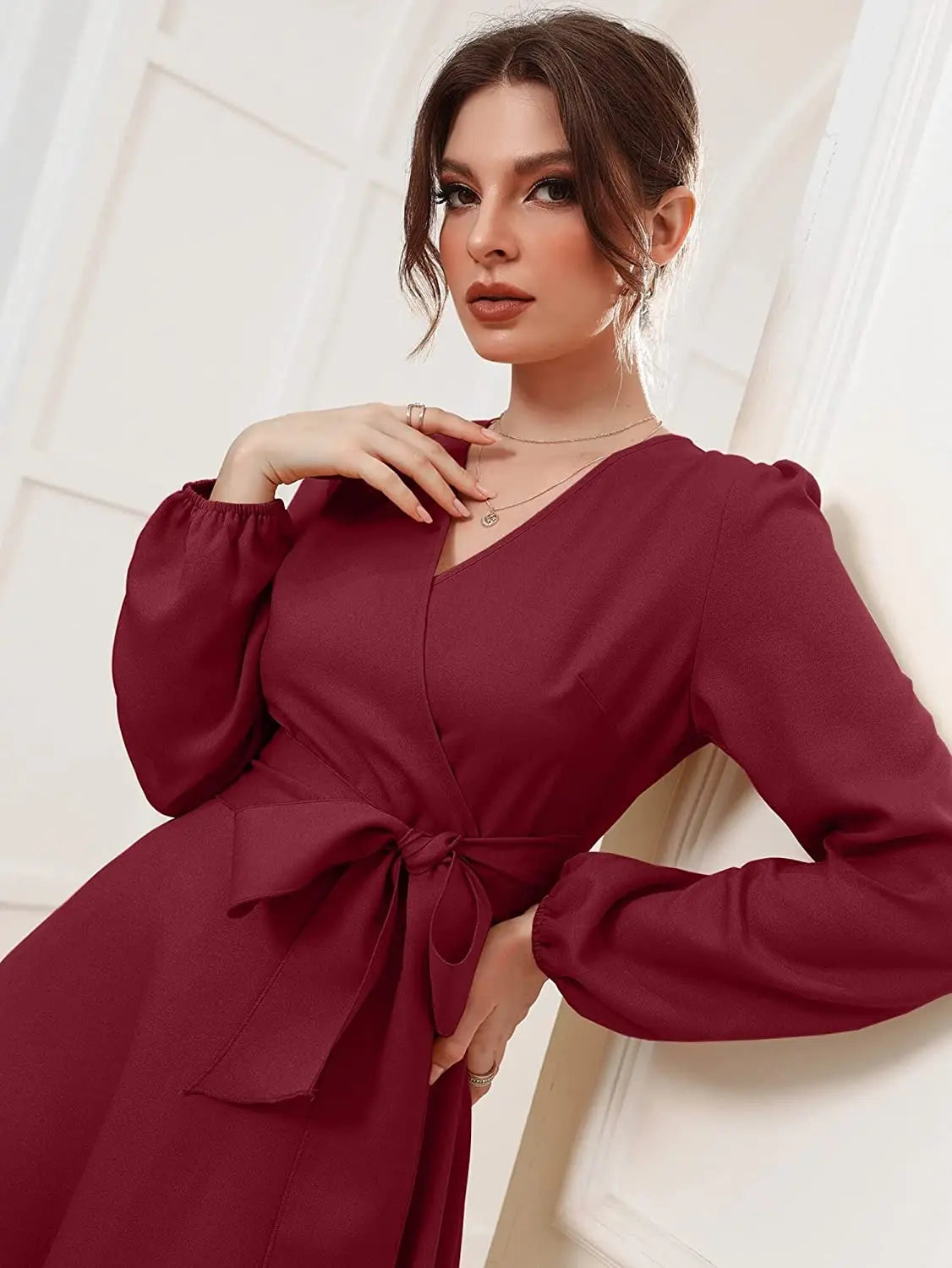 Maroon Belted Wrap Dress with Bishop Sleeves Surplice Neck High Waist & Flared Hem Midi Length