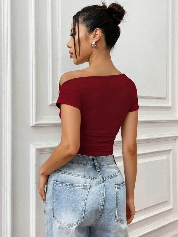 Istyle Can Maroon Women’s Korean Solid Pleated Cropped Top My Store