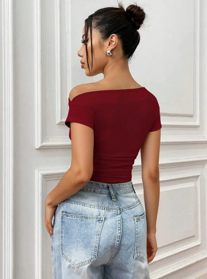 Istyle Can Maroon Women’s Korean Solid Pleated Cropped Top Secondary image