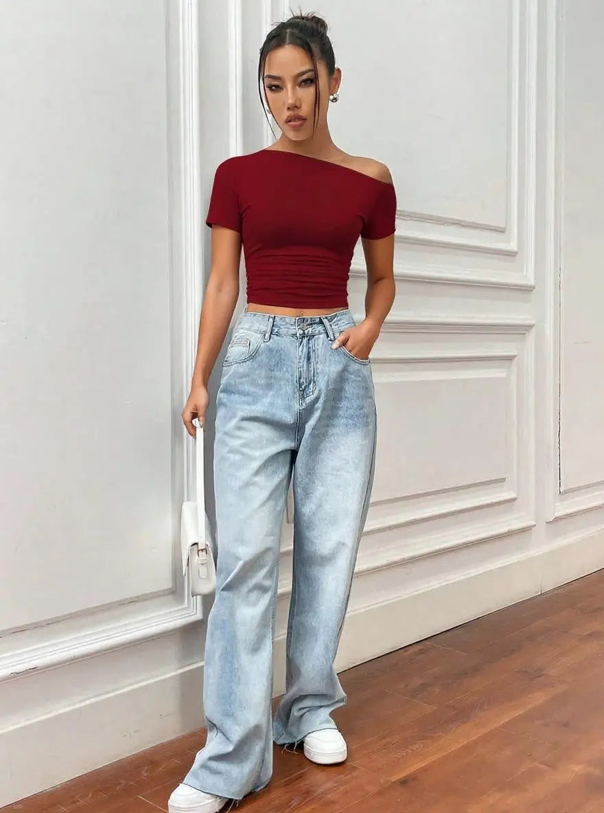 Istyle Can Maroon Women’s Korean Solid Pleated Cropped Top My Store