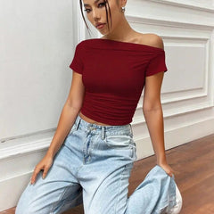Istyle Can Maroon Women’s Korean Solid Pleated Cropped Top My Store