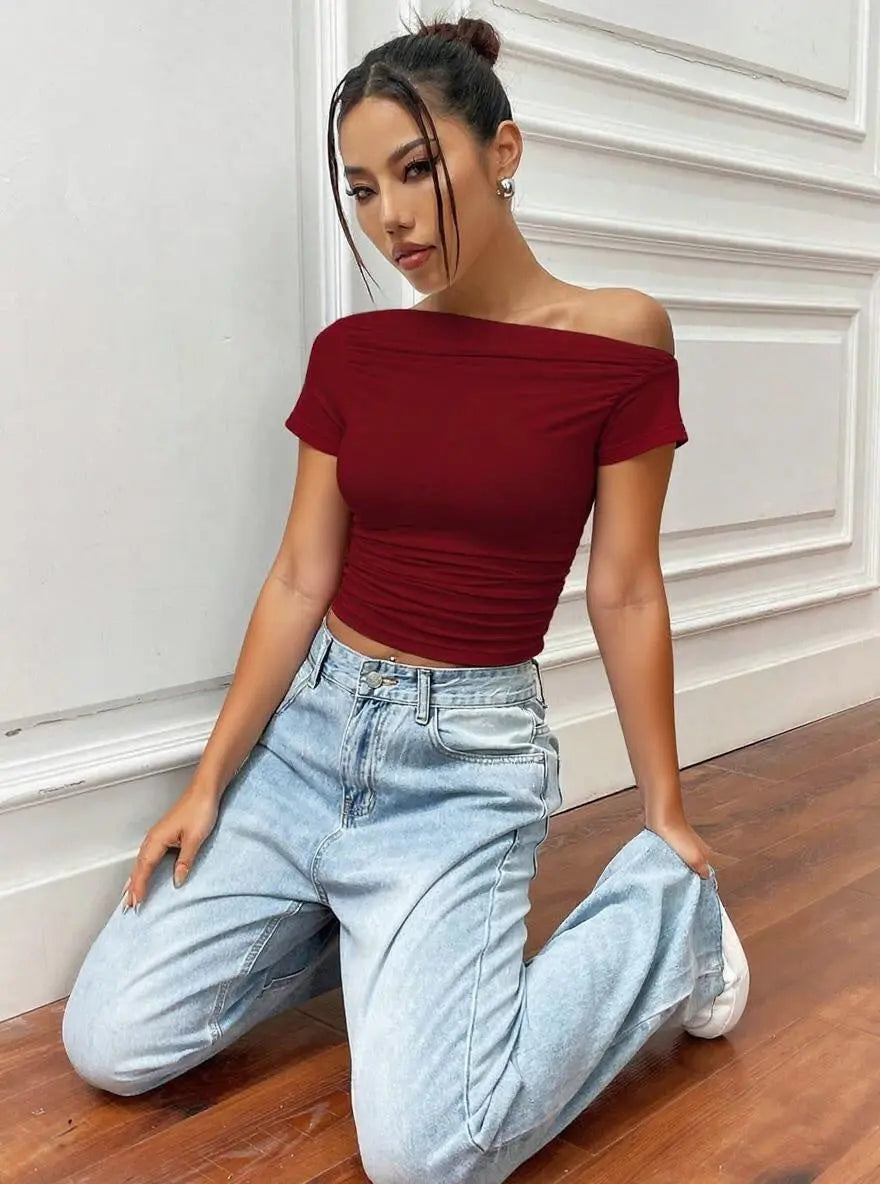 Istyle Can Maroon Women’s Korean Solid Pleated Cropped Top My Store
