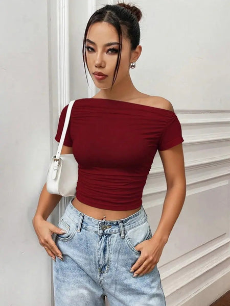Istyle Can Maroon Women’s Korean Solid Pleated Cropped Top My Store