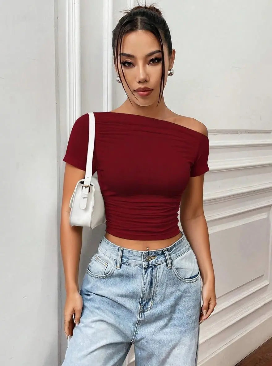 Istyle Can Maroon Women’s Korean Solid Pleated Cropped Top My Store