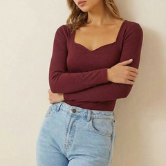 Istyle can Women's Solid Ribbed Knit Sweetheart Neck Long Sleeve Top -MAROON