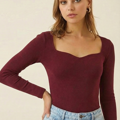 Istyle can Women's Solid Ribbed Knit Sweetheart Neck Long Sleeve Top -MAROON
