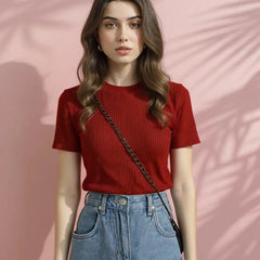 Maroon Women’s Slim Fit Solid Rib Knit Stretchable Top Istyle Can