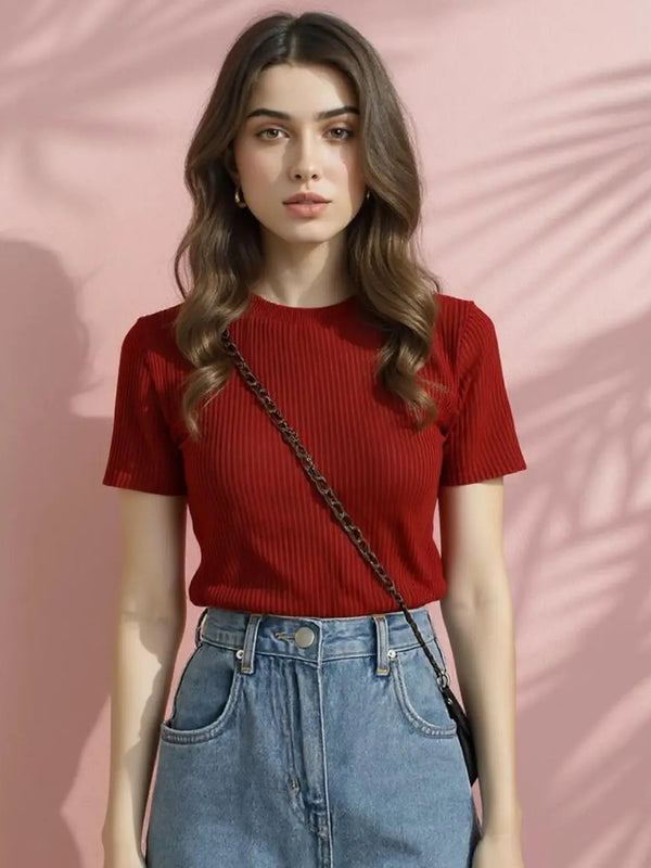 Maroon Women’s Slim Fit Solid Rib Knit Stretchable Top Istyle Can