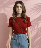 Maroon Women’s Slim Fit Solid Rib Knit Stretchable Top Istyle Can