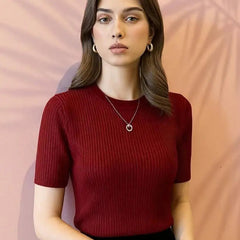 Maroon Women’s Slim Fit Solid Rib Knit Stretchable Top Istyle Can