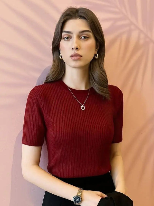 Maroon Women’s Slim Fit Solid Rib Knit Stretchable Top Istyle Can