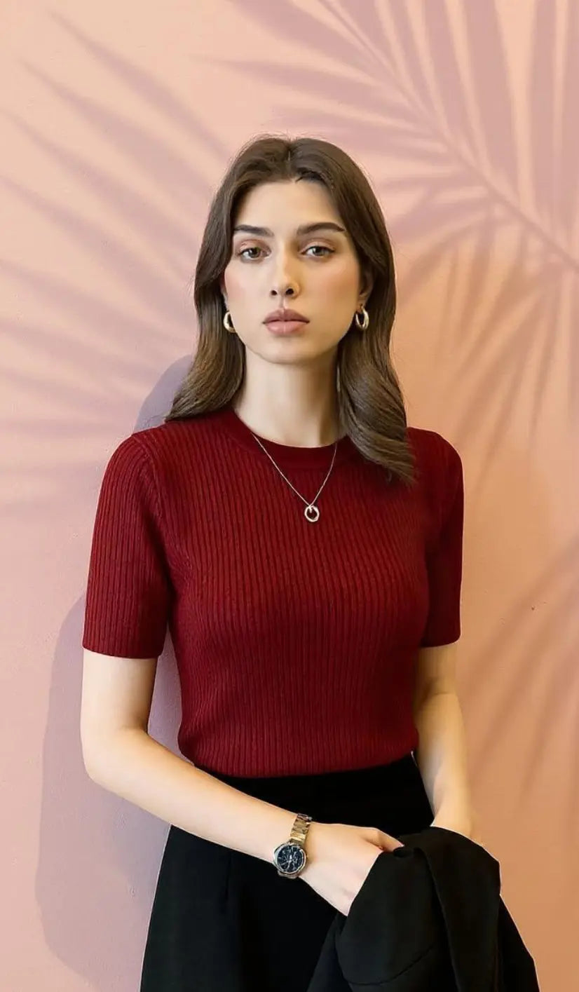 Maroon Women’s Slim Fit Solid Rib Knit Stretchable Top Istyle Can