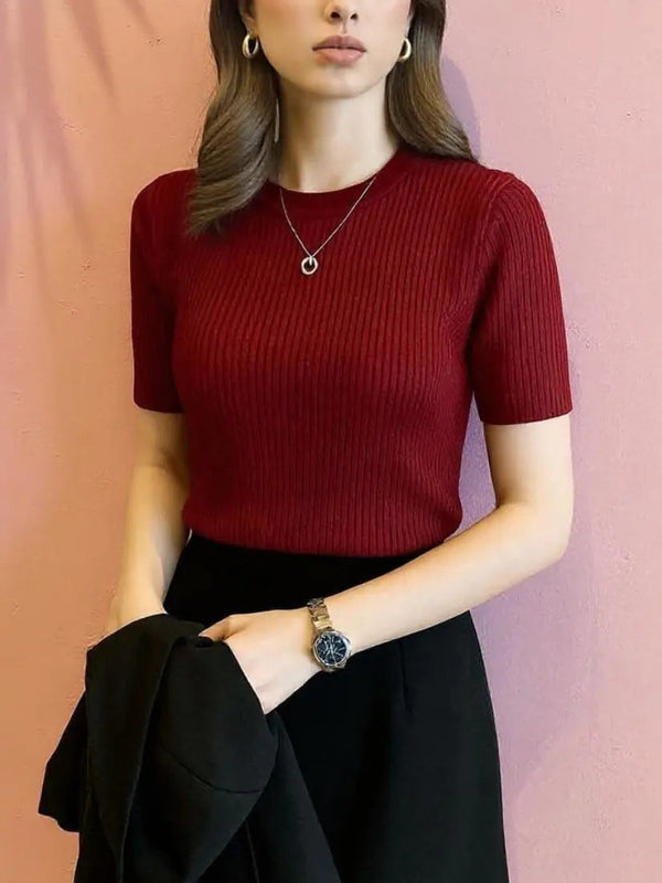 Maroon Women’s Slim Fit Solid Rib Knit Stretchable Top Istyle Can