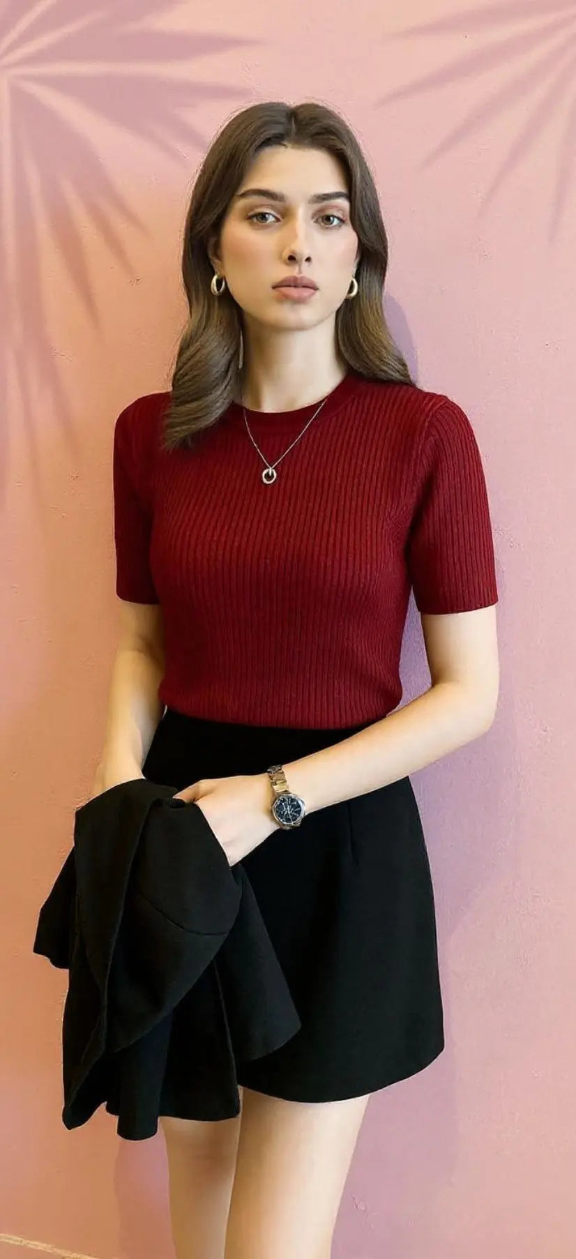 Maroon Women’s Slim Fit Solid Rib Knit Stretchable Top Istyle Can