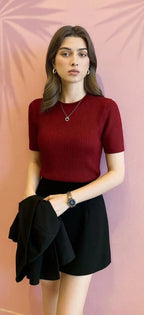 Maroon Women’s Slim Fit Solid Rib Knit Stretchable Top Istyle Can