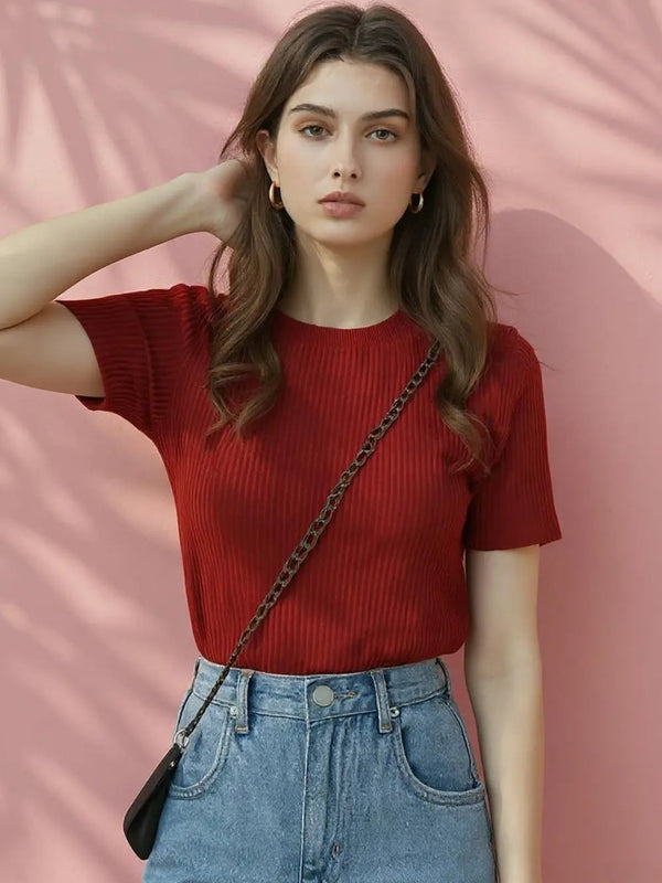 Maroon Women’s Slim Fit Solid Rib Knit Stretchable Top Istyle Can