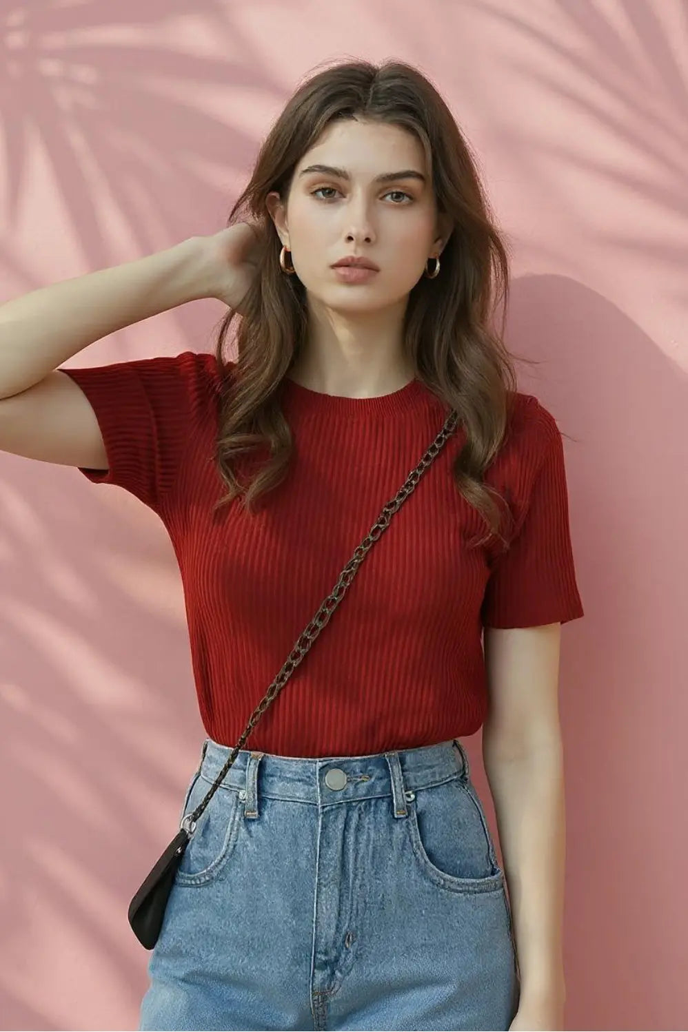 Maroon Women’s Slim Fit Solid Rib Knit Stretchable Top Istyle Can