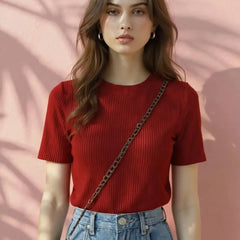 Maroon Women’s Slim Fit Solid Rib Knit Stretchable Top Istyle Can