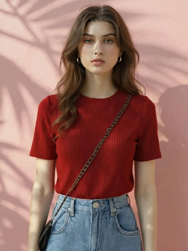 Maroon Women’s Slim Fit Solid Rib Knit Stretchable Top Istyle Can