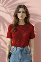 Maroon Women’s Slim Fit Solid Rib Knit Stretchable Top Istyle Can